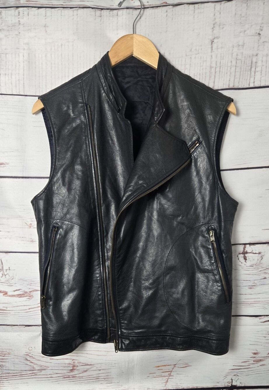 Women's Leather Vest Black Size 6/8 Asymmetrical Zip Motorcycle Sleeveless Biker